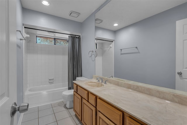 full bathroom with tile patterned floors, vanity, shower / bathtub combination with curtain, and toilet