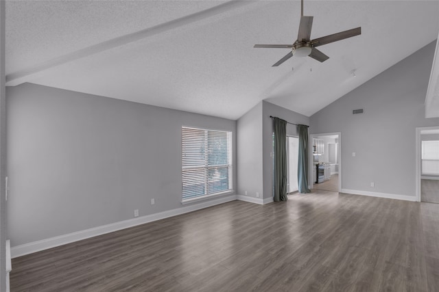 unfurnished living room featuring a textured ceiling, ceiling fan, dark wood-type flooring, and high vaulted ceiling