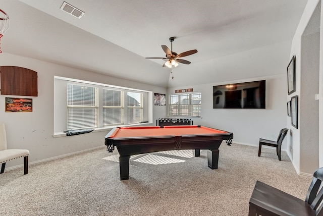 recreation room featuring ceiling fan, light colored carpet, lofted ceiling, and pool table