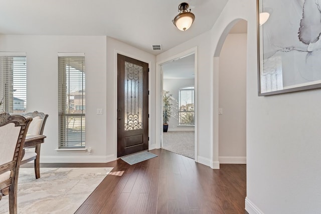 foyer entrance with wood-type flooring and a healthy amount of sunlight