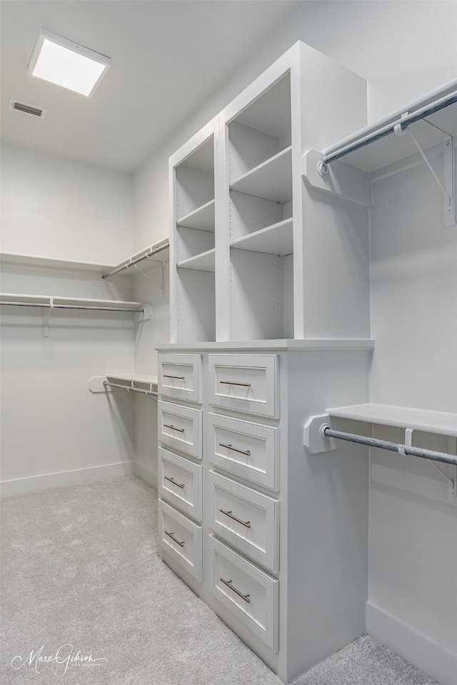 walk in closet with light colored carpet