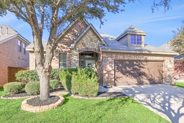 view of front of house with a garage and a front lawn