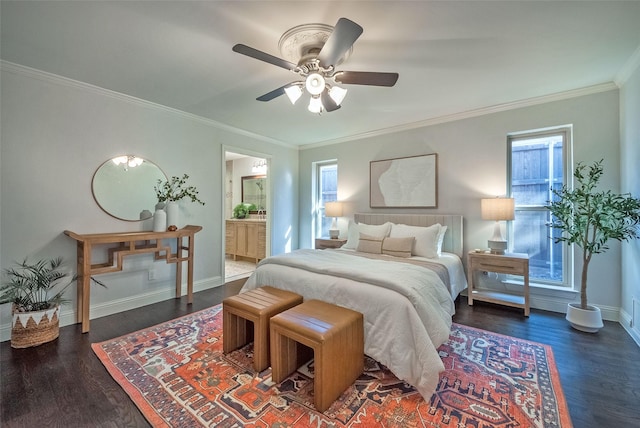 bedroom with ceiling fan, crown molding, connected bathroom, and multiple windows