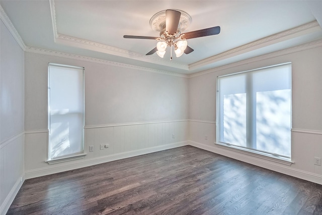 unfurnished room with a wealth of natural light, ornamental molding, and a raised ceiling