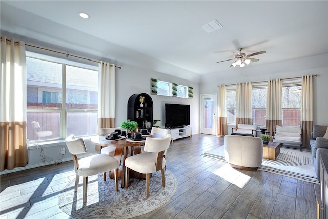 dining area featuring hardwood / wood-style flooring and ceiling fan