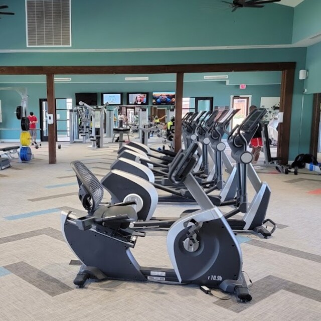 gym with carpet flooring and a towering ceiling