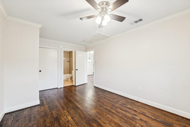 empty room with dark hardwood / wood-style floors, ceiling fan, and ornamental molding