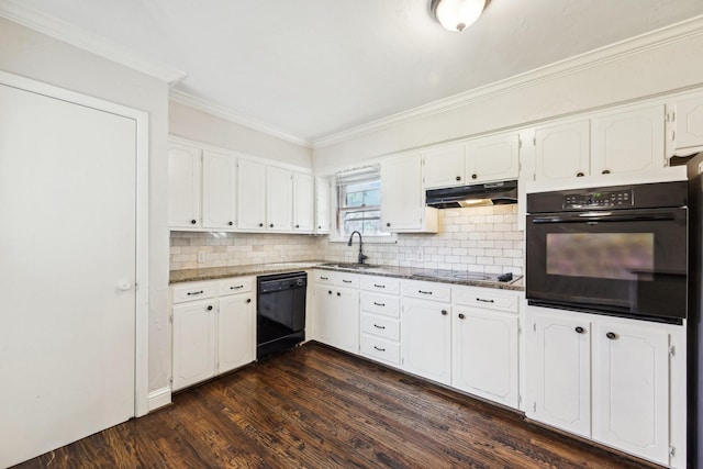 kitchen featuring dark wood-type flooring, white cabinetry, sink, and black appliances