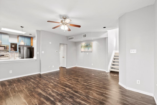 unfurnished living room with ceiling fan, sink, and dark hardwood / wood-style floors