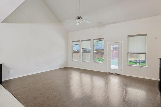 unfurnished room featuring ceiling fan, dark hardwood / wood-style flooring, and high vaulted ceiling