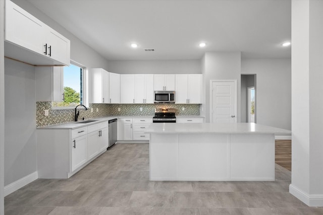 kitchen with a kitchen island, sink, white cabinets, decorative backsplash, and stainless steel appliances