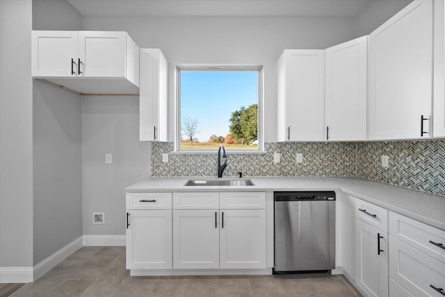 kitchen featuring white cabinetry, sink, stainless steel dishwasher, and decorative backsplash