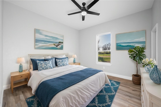 bedroom with ceiling fan and light wood-type flooring