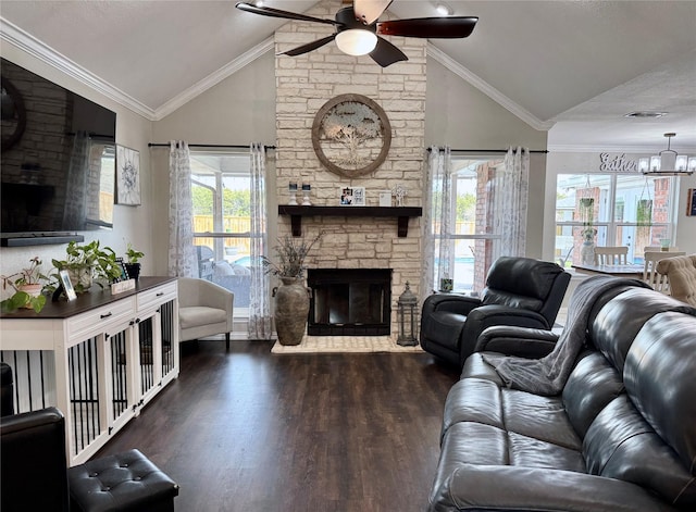 living room with visible vents, a fireplace, dark wood-type flooring, and lofted ceiling