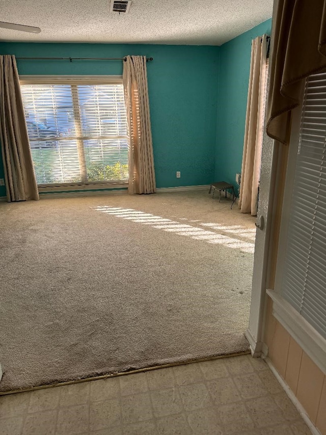 carpeted spare room with a textured ceiling