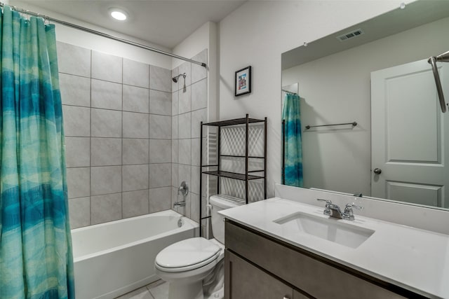 full bathroom with tile patterned flooring, vanity, toilet, and shower / bathtub combination with curtain