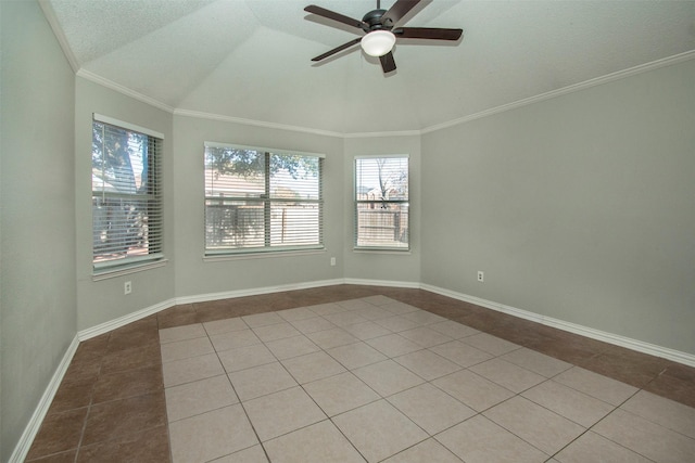 tiled empty room featuring ornamental molding, vaulted ceiling, a textured ceiling, and ceiling fan