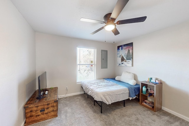 bedroom with carpet, electric panel, and ceiling fan