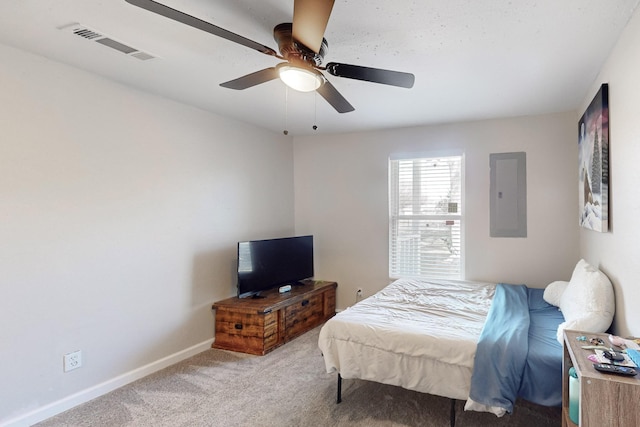 carpeted bedroom with ceiling fan and electric panel