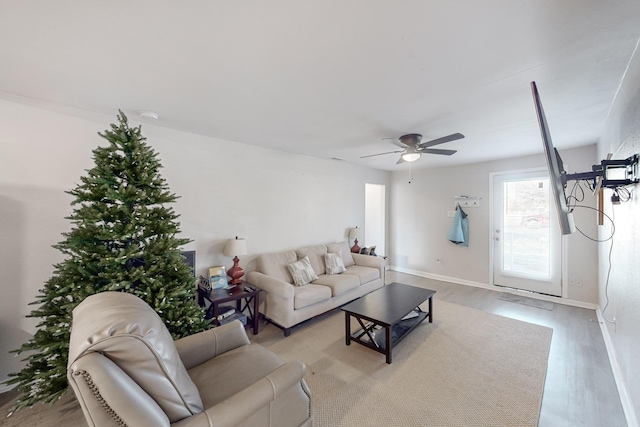 living room with ceiling fan and light wood-type flooring