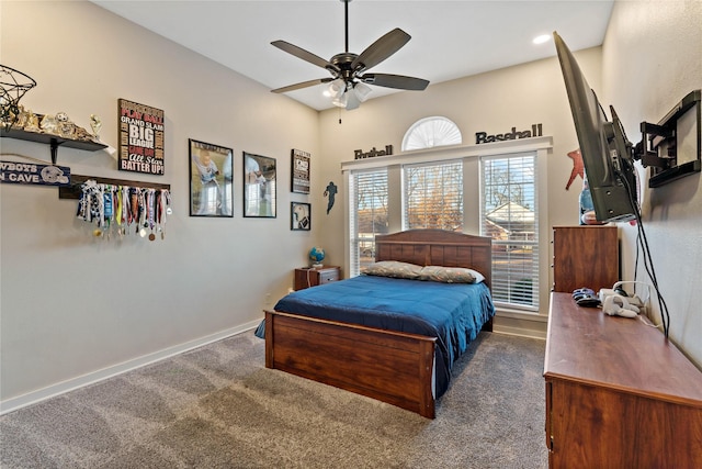 carpeted bedroom featuring ceiling fan