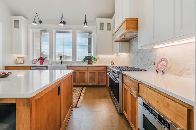 kitchen with white cabinetry, sink, stainless steel appliances, custom exhaust hood, and light wood-type flooring