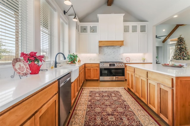 kitchen with white cabinets, appliances with stainless steel finishes, a wealth of natural light, and sink