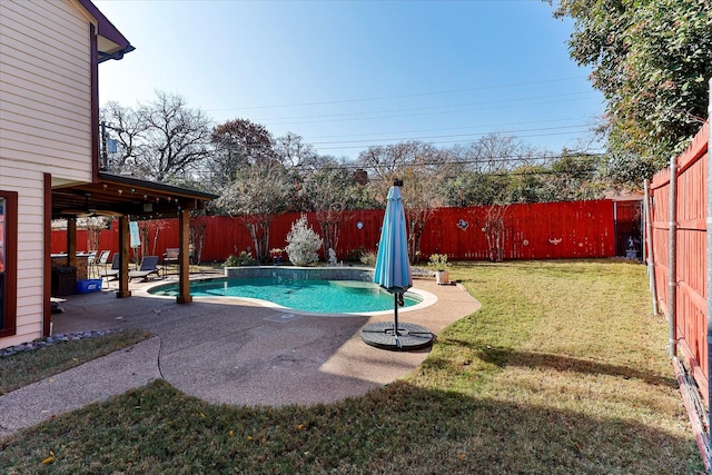 view of swimming pool featuring a patio and a yard