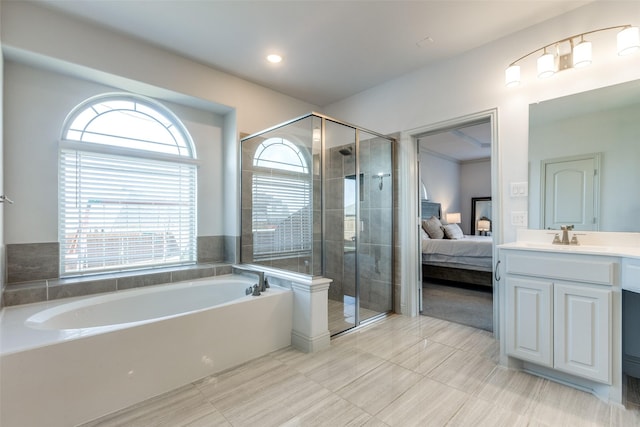 bathroom with vanity and plus walk in shower