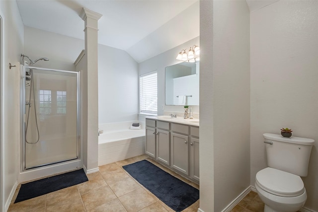 full bathroom with lofted ceiling, vanity, tile patterned floors, shower with separate bathtub, and ornate columns