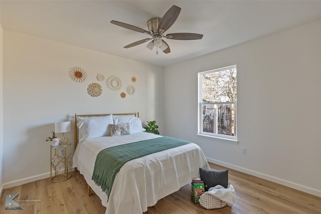 bedroom featuring ceiling fan and light wood-type flooring