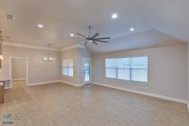 unfurnished living room featuring ceiling fan with notable chandelier, light hardwood / wood-style floors, ornamental molding, and lofted ceiling