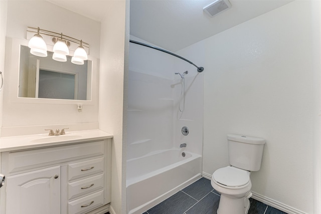 full bathroom featuring tile patterned flooring, vanity, shower / bath combination, and toilet