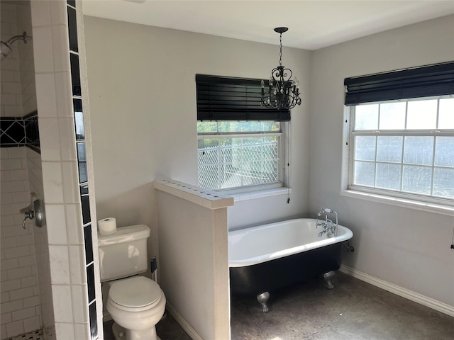 bathroom with concrete flooring, toilet, and independent shower and bath