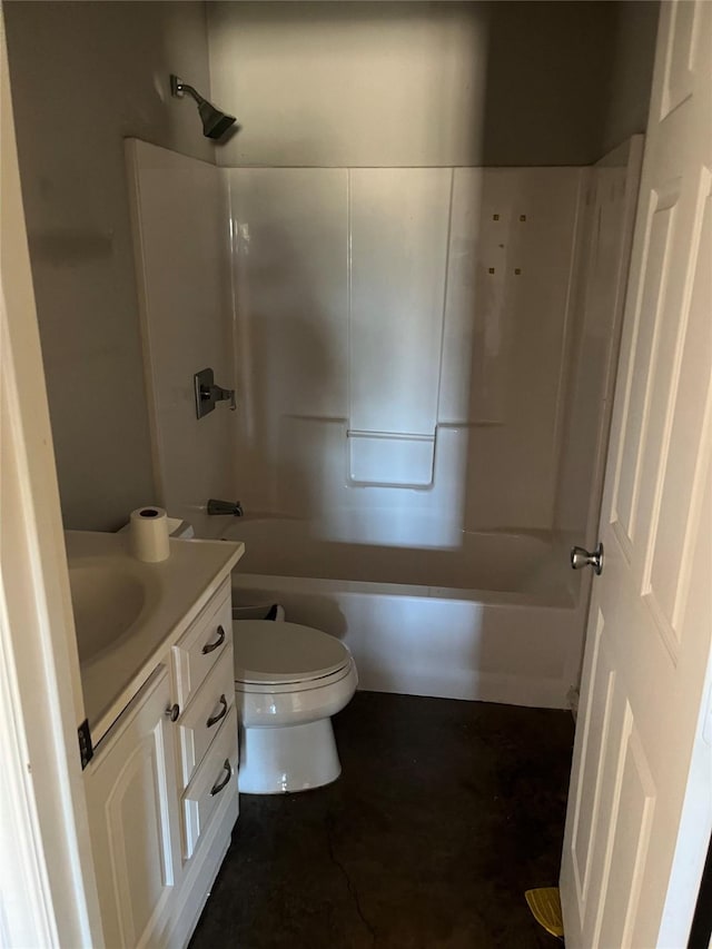 full bathroom featuring bathtub / shower combination, vanity, and toilet