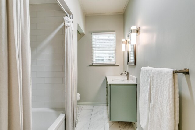 full bathroom featuring vanity, toilet, ornamental molding, and shower / bath combo