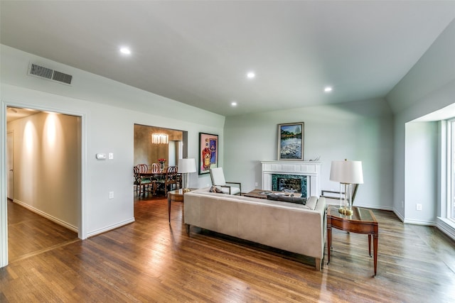 living room with a premium fireplace and wood-type flooring