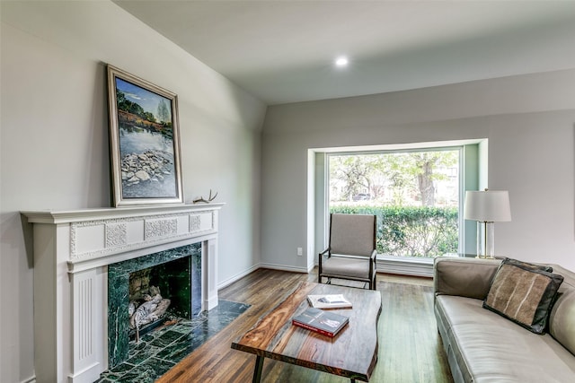 living room featuring a high end fireplace and wood-type flooring