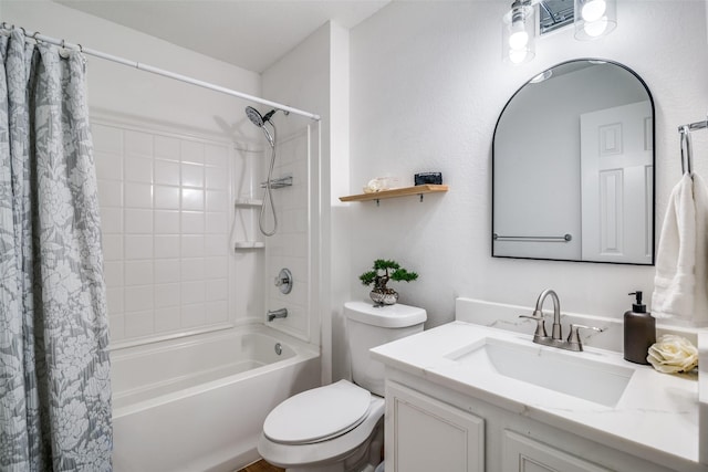 full bathroom with vanity, toilet, and shower / bath combo with shower curtain