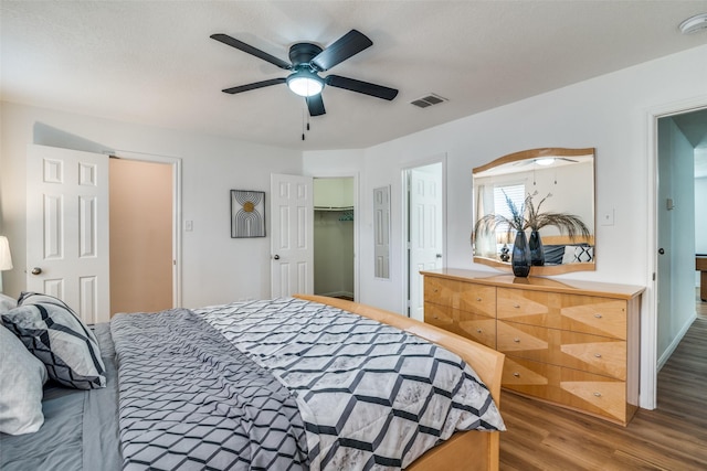 bedroom featuring ceiling fan, a closet, dark wood-type flooring, and a spacious closet