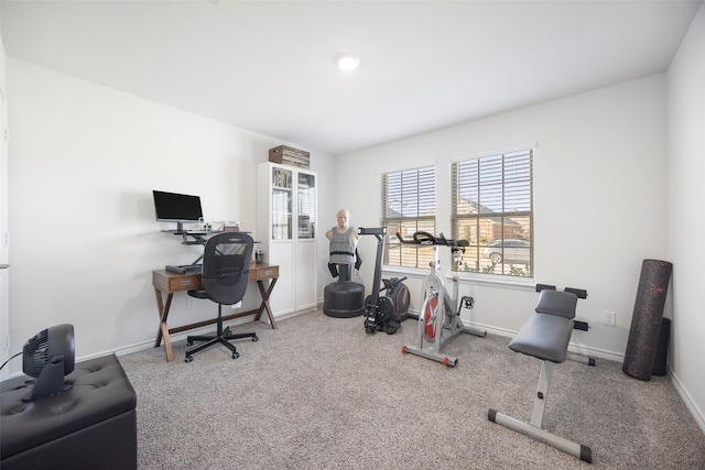 exercise area featuring carpet flooring and baseboards