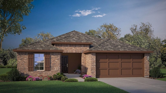 ranch-style home featuring a front lawn and a garage