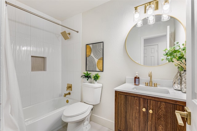 full bathroom with vanity, shower / bathtub combination with curtain, and toilet