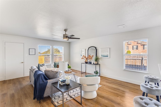 living room with crown molding, hardwood / wood-style floors, ceiling fan, and a textured ceiling