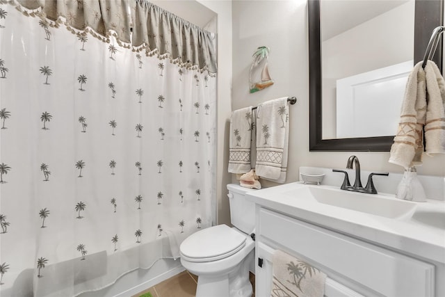 full bathroom featuring vanity, shower / bath combo, tile patterned floors, and toilet