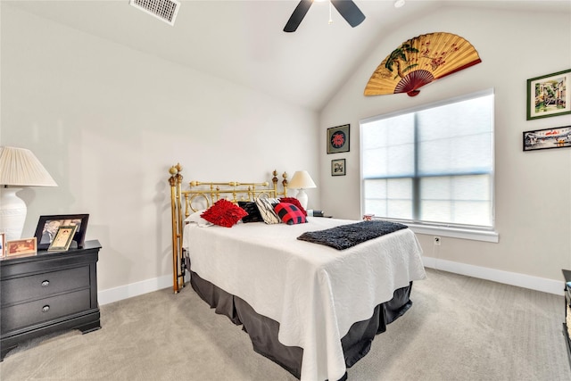 carpeted bedroom with lofted ceiling and ceiling fan