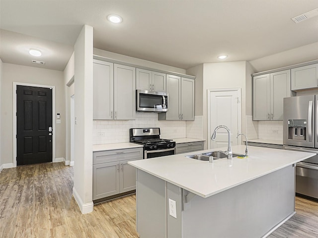 kitchen featuring appliances with stainless steel finishes, light wood-type flooring, an island with sink, and sink