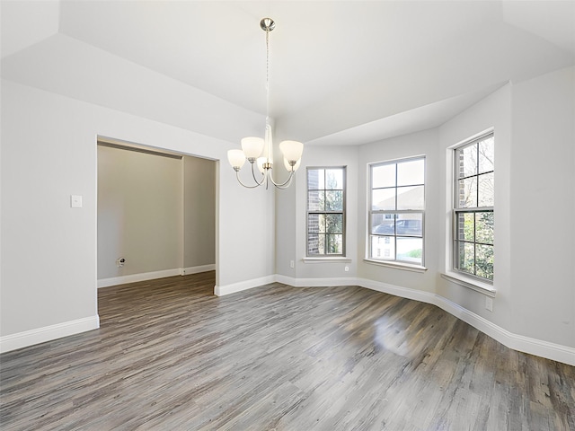 spare room with a raised ceiling, a wealth of natural light, hardwood / wood-style flooring, and a notable chandelier