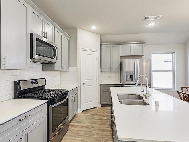 kitchen with sink, stainless steel appliances, decorative backsplash, light hardwood / wood-style floors, and a kitchen island with sink