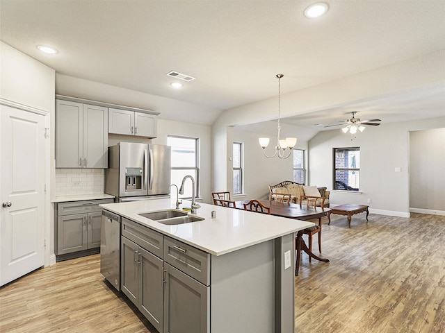 kitchen featuring lofted ceiling, a kitchen island with sink, sink, hanging light fixtures, and stainless steel appliances